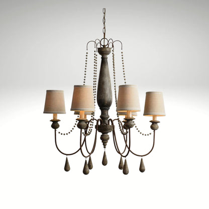 Rustic 6-light distressed wood chandelier with beige fabric shades and decorative beads.