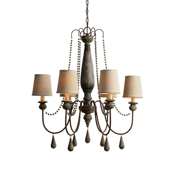 Rustic 6-light distressed wood chandelier with beige fabric shades and decorative beads.