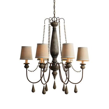 Rustic 6-light distressed wood chandelier with beige fabric shades and decorative beads.