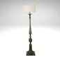 A classic forest green wooden floor lamp with an ornate carved pillar base and neutral shade.