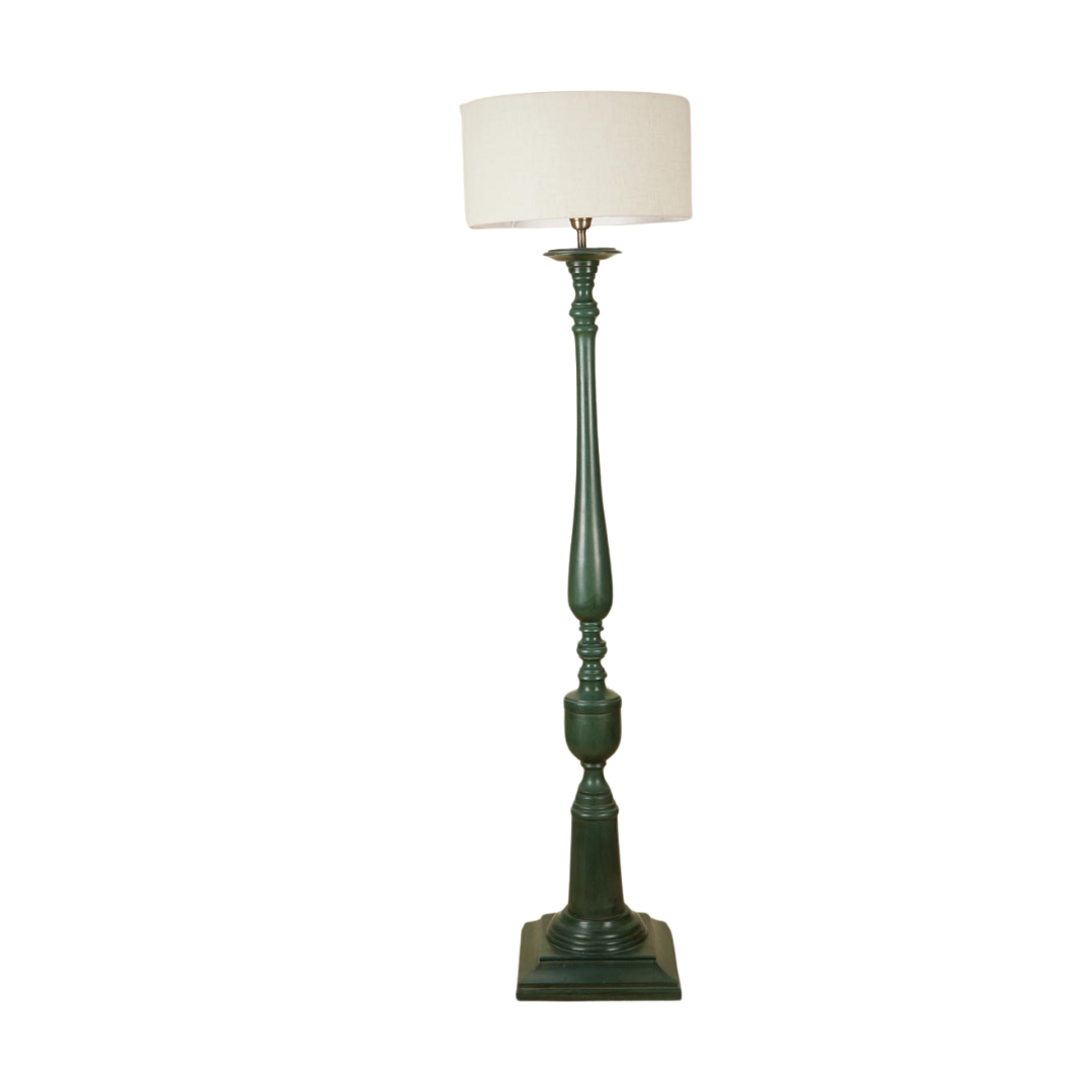 A classic forest green wooden floor lamp with an ornate carved pillar base and neutral shade.