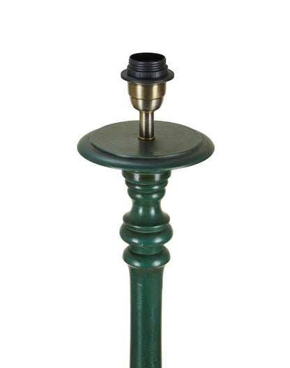 A classic forest green wooden floor lamp with an ornate carved pillar base and neutral shade.