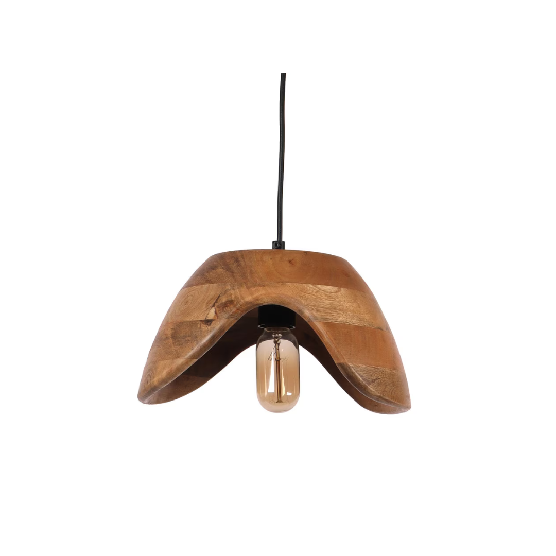 A modern hanging pendant light featuring a curved, wave-shaped natural mango wood shade with an exposed vintage Edison bulb.