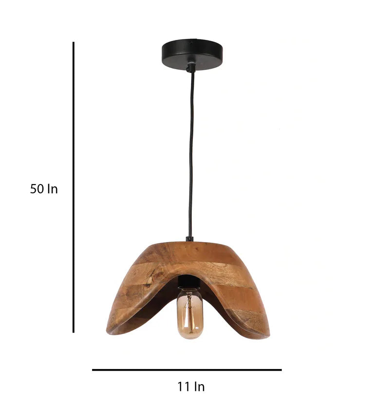 A modern hanging pendant light featuring a curved, wave-shaped natural mango wood shade with an exposed vintage Edison bulb.