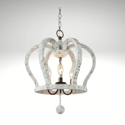 A 3-light crown-shaped chandelier with a distressed white wood finish hanging from a metal chain.
