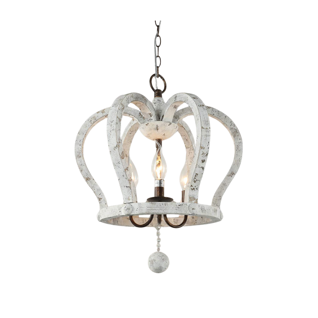 A 3-light crown-shaped chandelier with a distressed white wood finish hanging from a metal chain.