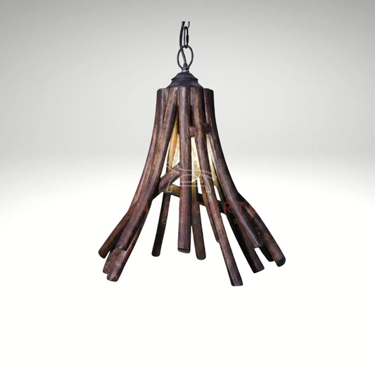 A rustic hanging pendant light made from dark natural wood branches.