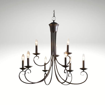 A classic 9-light metal chandelier with curved scrolling arms and candle-style bulbs