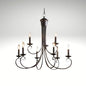 A classic 9-light metal chandelier with curved scrolling arms and candle-style bulbs