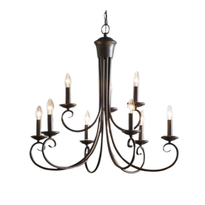 A classic 9-light metal chandelier with curved scrolling arms and candle-style bulbs