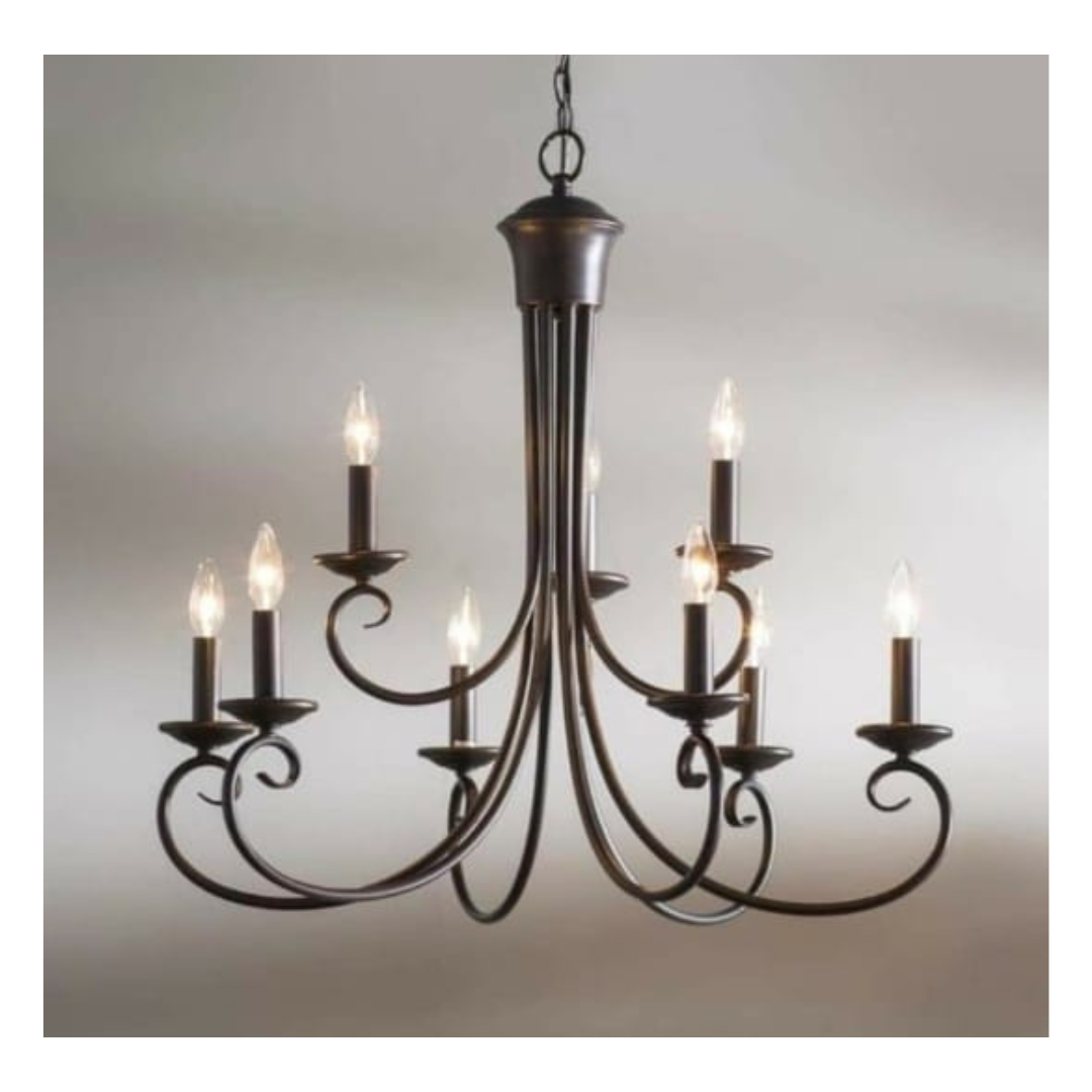 A classic 9-light metal chandelier with curved scrolling arms and candle-style bulbs