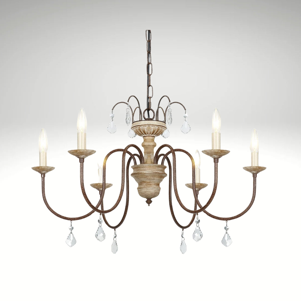 Rustic 6-light distressed wood chandelier with hanging crystal drops.