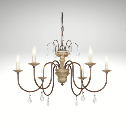 Rustic 6-light distressed wood chandelier with hanging crystal drops.