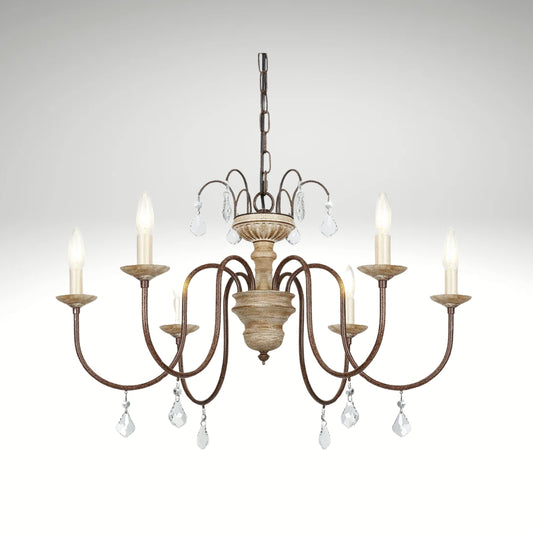 Rustic 6-light distressed wood chandelier with hanging crystal drops.