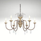 Rustic 6-light distressed wood chandelier with hanging crystal drops.