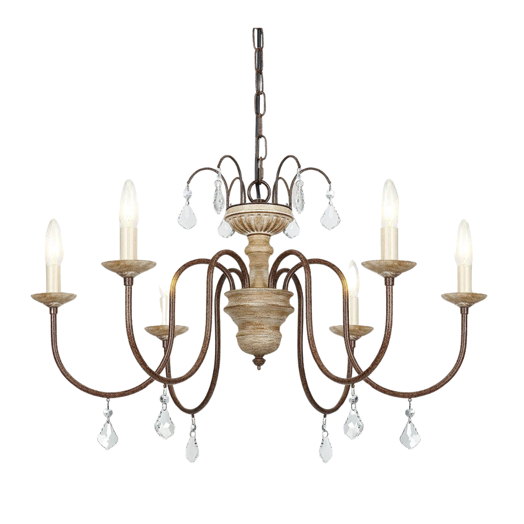 Rustic 6-light distressed wood chandelier with hanging crystal drops.
