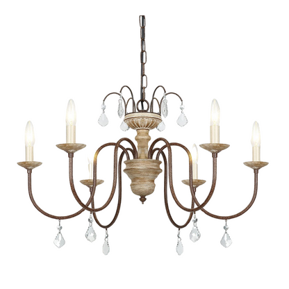 Rustic 6-light distressed wood chandelier with hanging crystal drops.