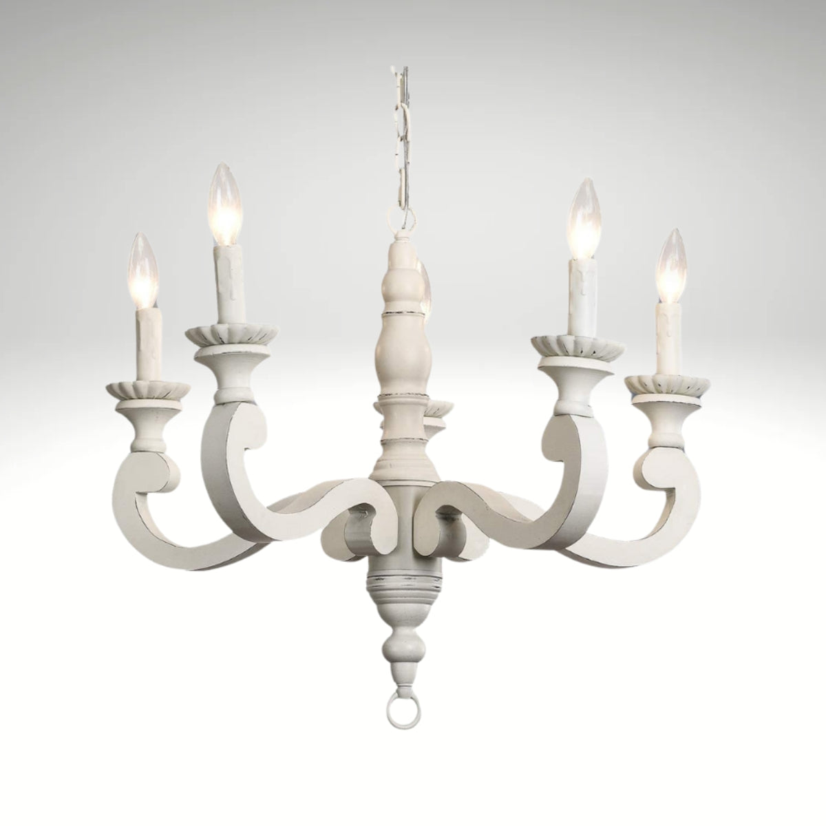 5-light distressed white wooden chandelier with traditional candle-style