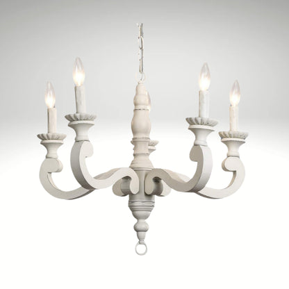 5-light distressed white wooden chandelier with traditional candle-style
