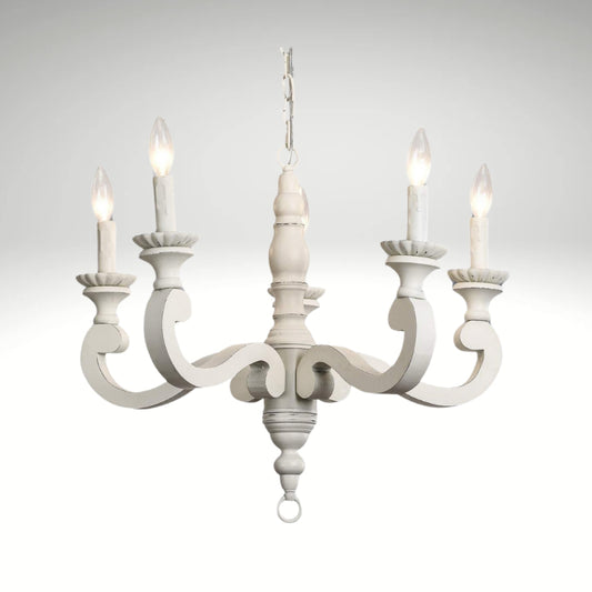 5-light distressed white wooden chandelier with traditional candle-style