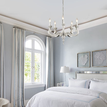 5-light distressed white wooden chandelier with traditional candle-style