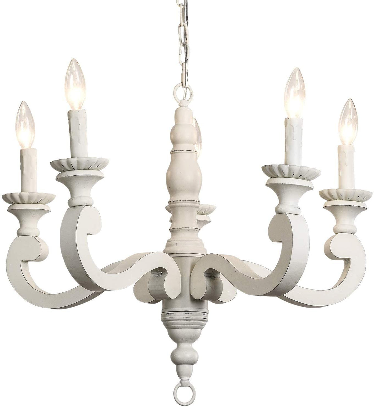 5-light distressed white wooden chandelier with traditional candle-style