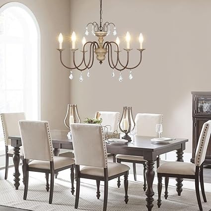 Rustic 6-light distressed wood chandelier with hanging crystal drops.