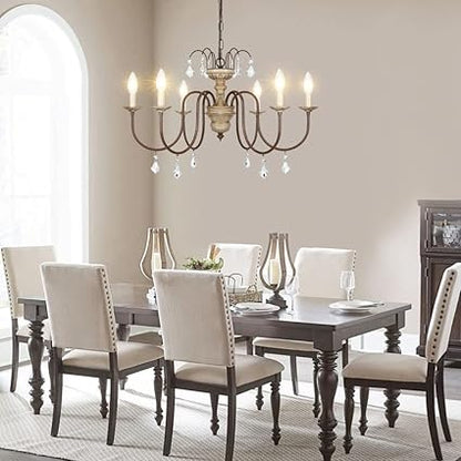 Rustic 6-light distressed wood chandelier with hanging crystal drops.