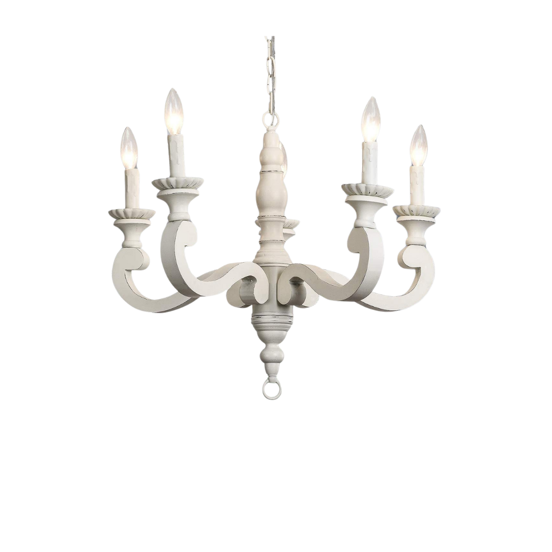 5-light distressed white wooden chandelier with traditional candle-style