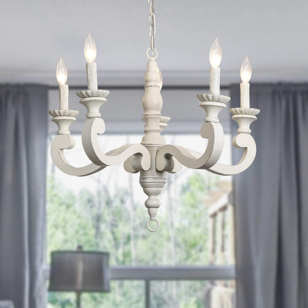 5-light distressed white wooden chandelier with traditional candle-style