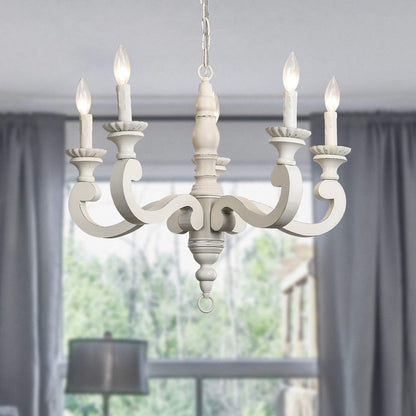 5-light distressed white wooden chandelier with traditional candle-style