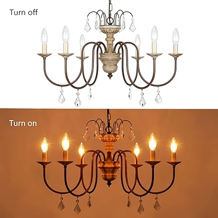 Rustic 6-light distressed wood chandelier with hanging crystal drops.