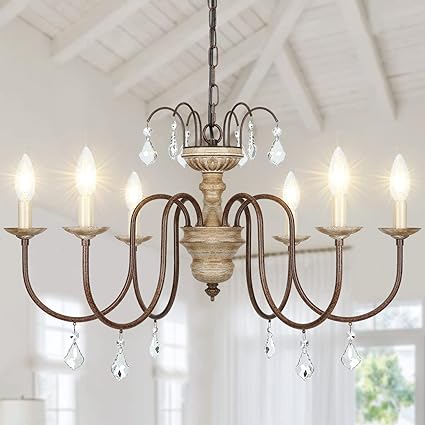 Rustic 6-light distressed wood chandelier with hanging crystal drops.