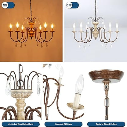 Rustic 6-light distressed wood chandelier with hanging crystal drops.