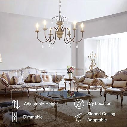 Rustic 6-light distressed wood chandelier with hanging crystal drops.
