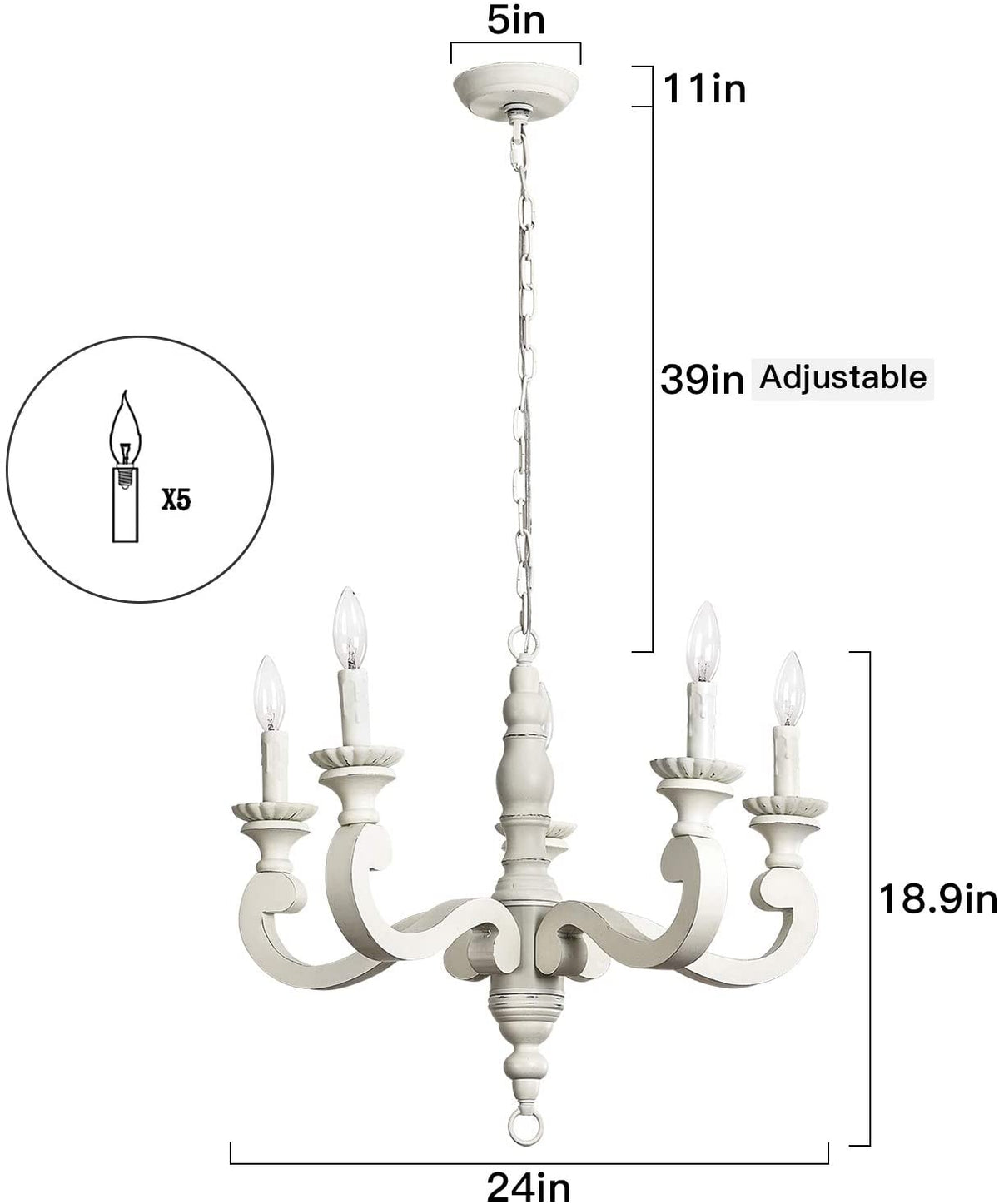 5-light distressed white wooden chandelier with traditional candle-style