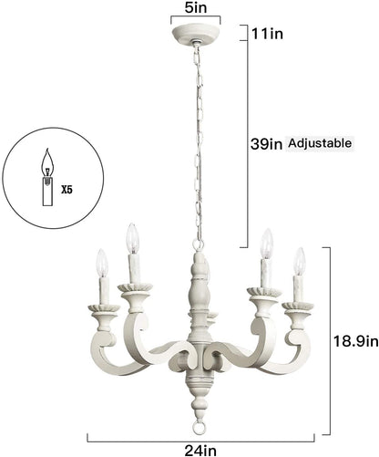 5-light distressed white wooden chandelier with traditional candle-style