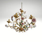 Vintage gilt metal and ceramic floral chandelier with rose embellishments.