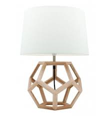 Side table lamp featuring a hollow hexagonal wood frame base and a white empire shade.