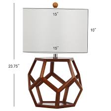 Side table lamp featuring a hollow hexagonal wood frame base and a white empire shade.