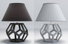 Side table lamp featuring a hollow hexagonal wood frame base and a white empire shade.