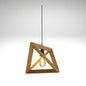 A minimalist pyramid-shaped wooden hanging lamp with a warm glowing light bulb.