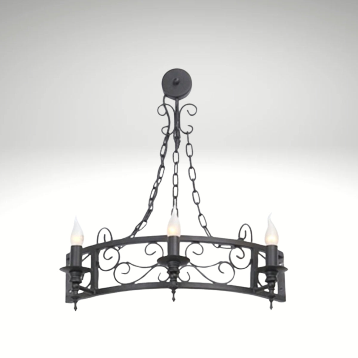 • Gothic style 3-bulb candle wall lamp in a black wrought iron finish, ideal for rustic hallways and traditional living spaces.