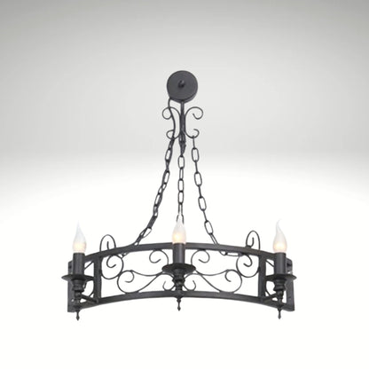 • Gothic style 3-bulb candle wall lamp in a black wrought iron finish, ideal for rustic hallways and traditional living spaces.