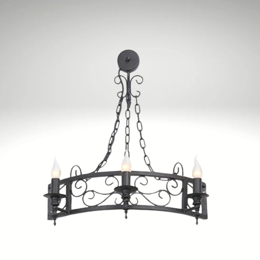 • Gothic style 3-bulb candle wall lamp in a black wrought iron finish, ideal for rustic hallways and traditional living spaces.
