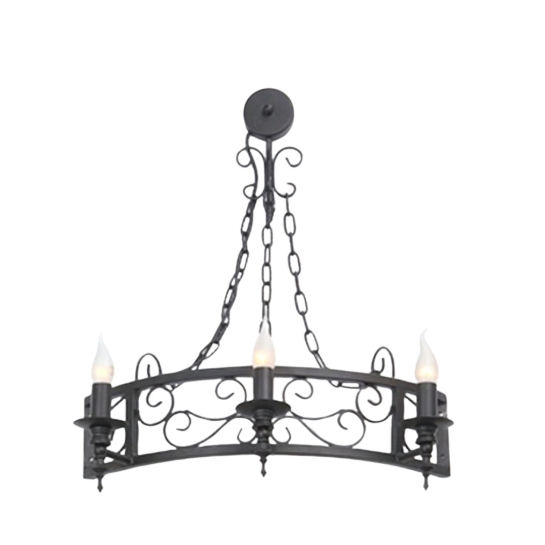 • Gothic style 3-bulb candle wall lamp in a black wrought iron finish, ideal for rustic hallways and traditional living spaces.
