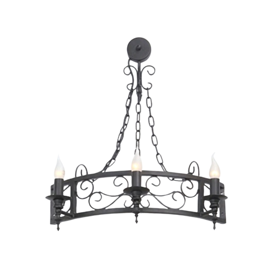 • Gothic style 3-bulb candle wall lamp in a black wrought iron finish, ideal for rustic hallways and traditional living spaces.
