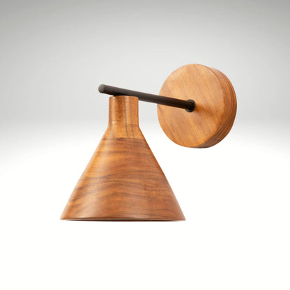 • Mid-century modern style wall lamp with a tapered warm-toned wood shade and a matching circular backplate connected by a minimal black metal bar.
