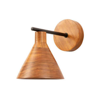 • Mid-century modern style wall lamp with a tapered warm-toned wood shade and a matching circular backplate connected by a minimal black metal bar.

