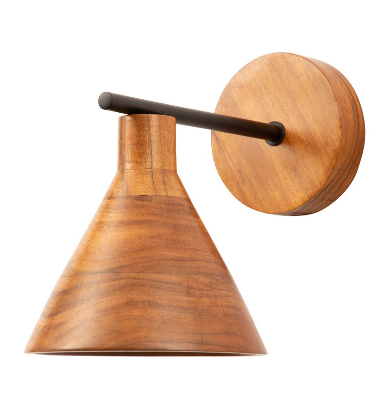 • Mid-century modern style wall lamp with a tapered warm-toned wood shade and a matching circular backplate connected by a minimal black metal bar.
